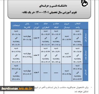 تقویم آموزشی سال 1401 دانشگاه فنی وحرفه ای